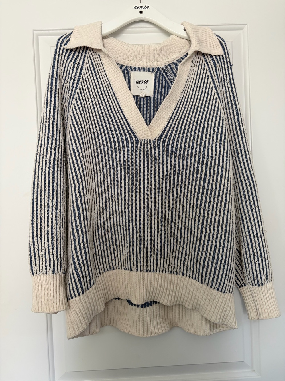 aerie Oversized Chenille Cream & Navy Striped V-Neck Collared Sweater